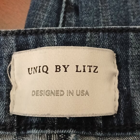 Uniq By Litz Blue Jeans Size 26 Flared Striped Bell Bottoms Raw Hem Stretch - Picture 8 of 10